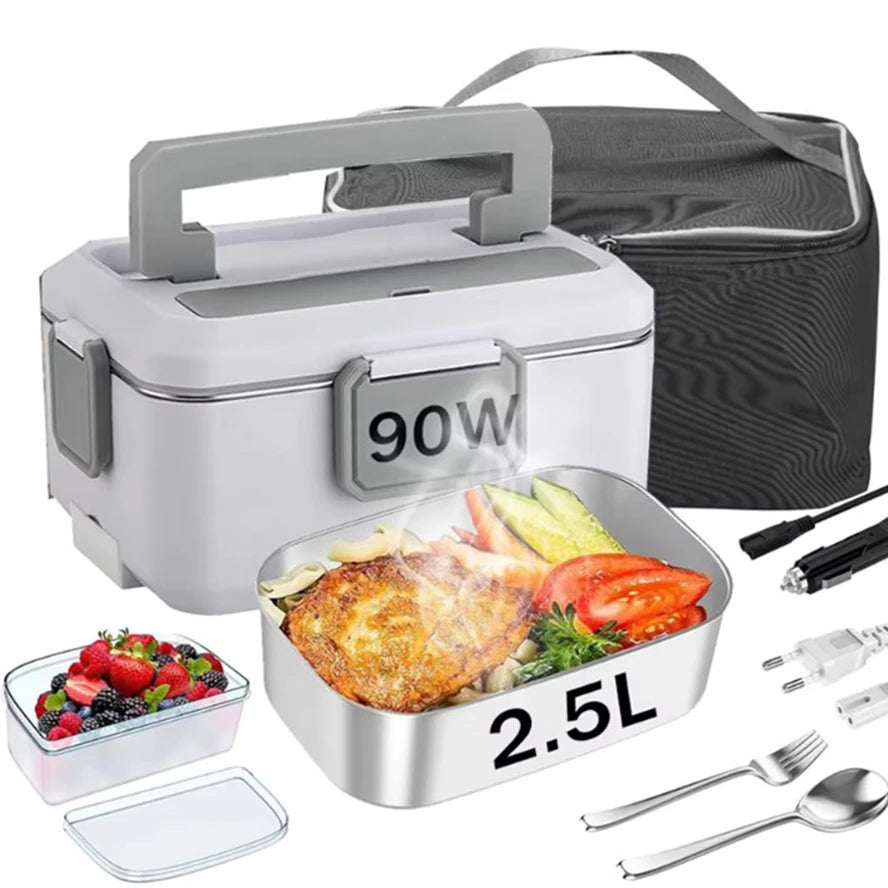 Elektryczne pudełko na lunch z podgrzewaniem 2,5 l, 90 W, 24/220 V, z wkładem ze stali nierdzewnej – przenośny podgrzewacz do żywności, pudełko typu bento, pojemnik na żywność do samochodu