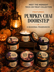 Zestaw upominkowy świec zapachowych „Pumpkin Chai Doorstep”, zapach „Pumpkin Chai & Oak”, 6 sztuk świec w puszkach o pojemności 3 uncji wraz z pudełkami, składaną kartką oraz dekoracjami jesiennymi