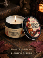 Zestaw upominkowy świec zapachowych „Pumpkin Chai Doorstep”, zapach „Pumpkin Chai & Oak”, 6 sztuk świec w puszkach o pojemności 3 uncji wraz z pudełkami, składaną kartką oraz dekoracjami jesiennymi