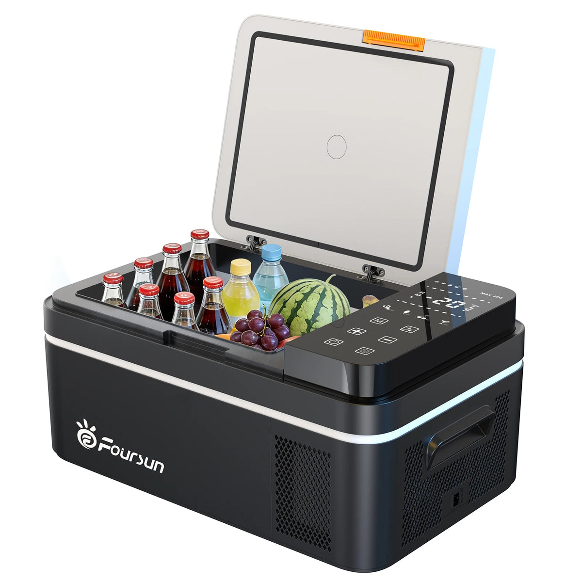 Przenośna lodówka z zamrażalnikiem Foursun 21 l/25 l/35 l/45 l/55 l z kompresorem i sterowaniem za pomocą aplikacji Bluetooth, do kempingu, podróży, domu, zasilanie DC 12 V/24 V i AC 100–240 V