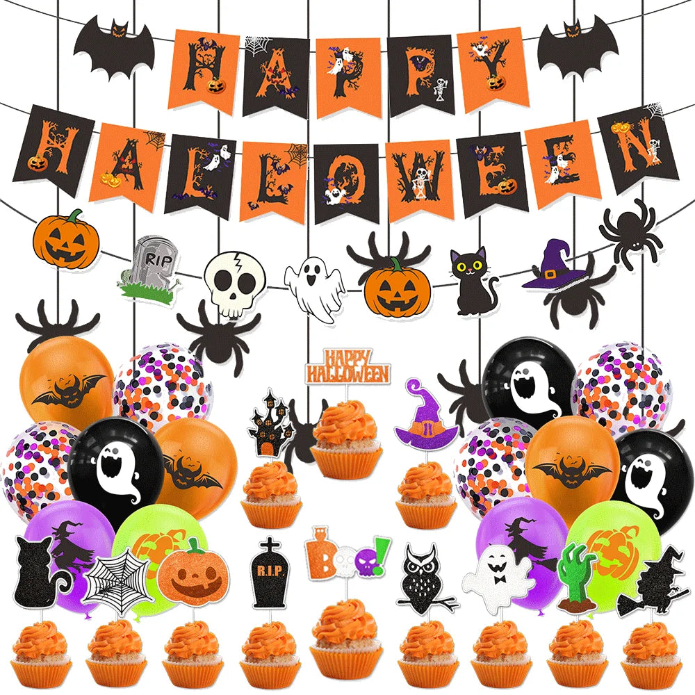 Zestaw dekoracji na imprezę halloweenową: baner „Happy Halloween”, girlanda „Trick or Treat”, wiszące pajączki, ozdoby na babeczki, balony