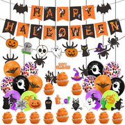 Zestaw dekoracji na imprezę halloweenową: baner „Happy Halloween”, girlanda „Trick or Treat”, wiszące pajączki, ozdoby na babeczki, balony