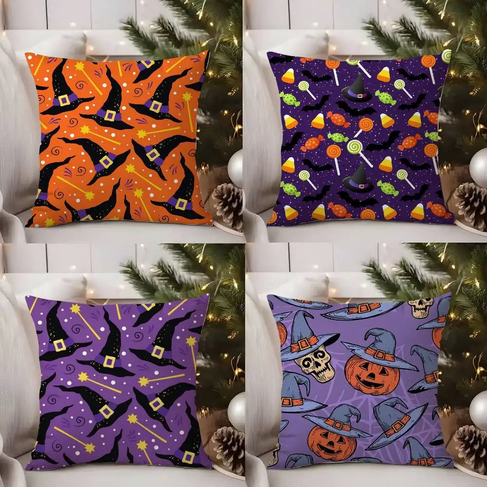 Poszewka na poduszkę z motywem czapki czarownicy i czaszki na Halloween – do sofy, salonu, sypialni – dwustronny nadruk