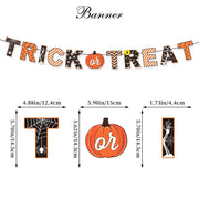 Zestaw dekoracji na imprezę halloweenową: baner „Happy Halloween”, girlanda „Trick or Treat”, wiszące pajączki, ozdoby na babeczki, balony