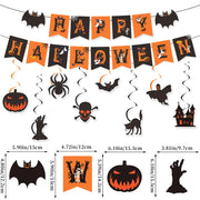 Zestaw dekoracji na imprezę halloweenową: baner „Happy Halloween”, girlanda „Trick or Treat”, wiszące pajączki, ozdoby na babeczki, balony