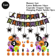 Zestaw dekoracji na imprezę halloweenową: baner „Happy Halloween”, girlanda „Trick or Treat”, wiszące pajączki, ozdoby na babeczki, balony