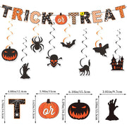 Zestaw dekoracji na imprezę halloweenową: baner „Happy Halloween”, girlanda „Trick or Treat”, wiszące pajączki, ozdoby na babeczki, balony