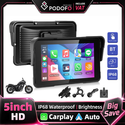 Podofo – przenośny odtwarzacz z 5-calowym ekranem HD, obsługujący Android Auto i CarPlay, wodoodporny, z regulacją jasności, funkcją wykrywania ciśnienia w oponach, złączem Type-C oraz wysokowydajnymi układami scalonymi – monitor samochodowy