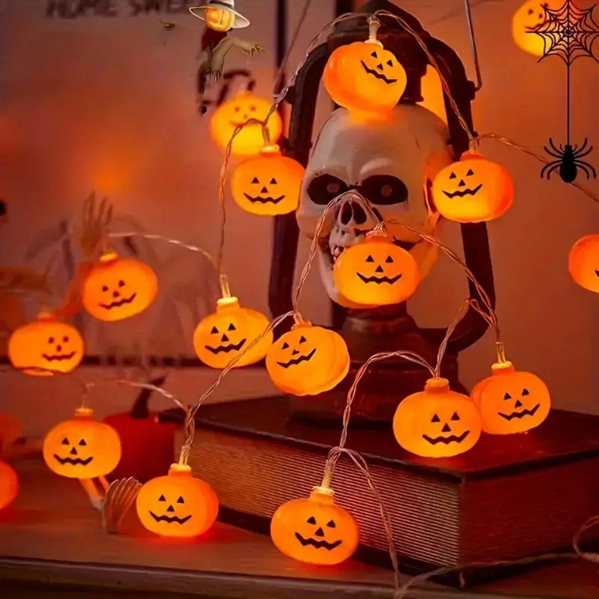Łańcuch świetlny z dyniami 3D, 10/20 diod LED, tworzący atmosferę Halloween – lampka dekoracyjna zasilana bateryjnie, do domu, sypialni i na imprezy