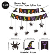 Zestaw dekoracji na imprezę halloweenową: baner „Happy Halloween”, girlanda „Trick or Treat”, wiszące pajączki, ozdoby na babeczki, balony