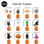Zestaw dekoracji na imprezę halloweenową: baner „Happy Halloween”, girlanda „Trick or Treat”, wiszące pajączki, ozdoby na babeczki, balony