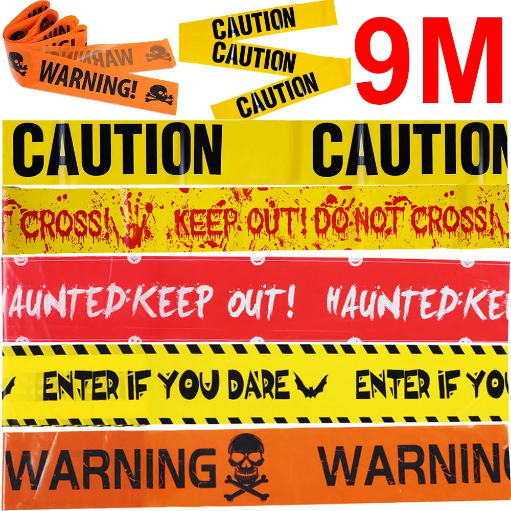 Taśma ostrzegawcza do dekoracji na Halloween, 7,5 cm × 9 m – taśma z napisem „CAUTION WARNING” do domów strasznych na Halloween, do wnętrz i na zewnątrz, materiały do dekoracji DIY
