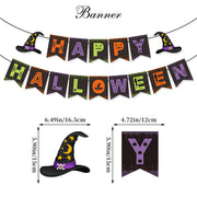 Zestaw dekoracji na imprezę halloweenową: baner „Happy Halloween”, girlanda „Trick or Treat”, wiszące pajączki, ozdoby na babeczki, balony