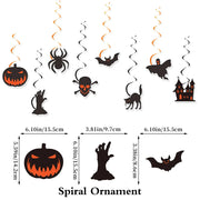 Zestaw dekoracji na imprezę halloweenową: baner „Happy Halloween”, girlanda „Trick or Treat”, wiszące pajączki, ozdoby na babeczki, balony