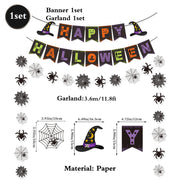 Zestaw dekoracji na imprezę halloweenową: baner „Happy Halloween”, girlanda „Trick or Treat”, wiszące pajączki, ozdoby na babeczki, balony