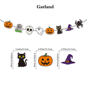 Zestaw dekoracji na imprezę halloweenową: baner „Happy Halloween”, girlanda „Trick or Treat”, wiszące pajączki, ozdoby na babeczki, balony
