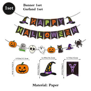 Zestaw dekoracji na imprezę halloweenową: baner „Happy Halloween”, girlanda „Trick or Treat”, wiszące pajączki, ozdoby na babeczki, balony