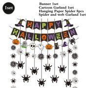 Zestaw dekoracji na imprezę halloweenową: baner „Happy Halloween”, girlanda „Trick or Treat”, wiszące pajączki, ozdoby na babeczki, balony