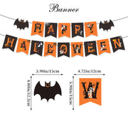 Zestaw dekoracji na imprezę halloweenową: baner „Happy Halloween”, girlanda „Trick or Treat”, wiszące pajączki, ozdoby na babeczki, balony
